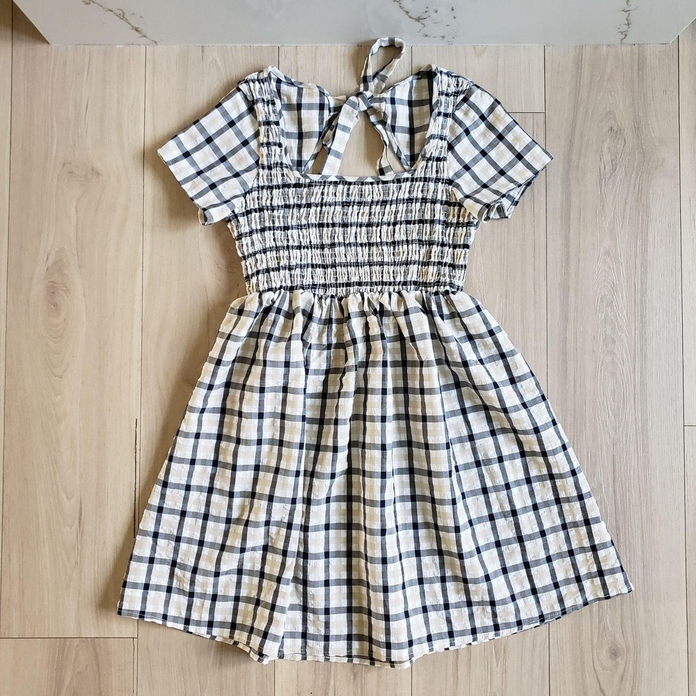 Nasty Gal Dress Womens 2 Beige Plaid Open Back Smocked Waist Short Sleeve Mini